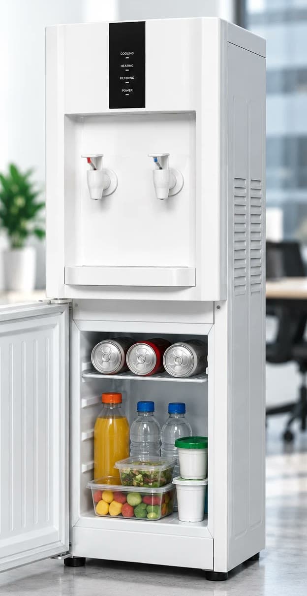 Dispenser Executive con heladera, blanco, de pie, con la heladera inferior abierta, con latas, botellas y viandas adentro