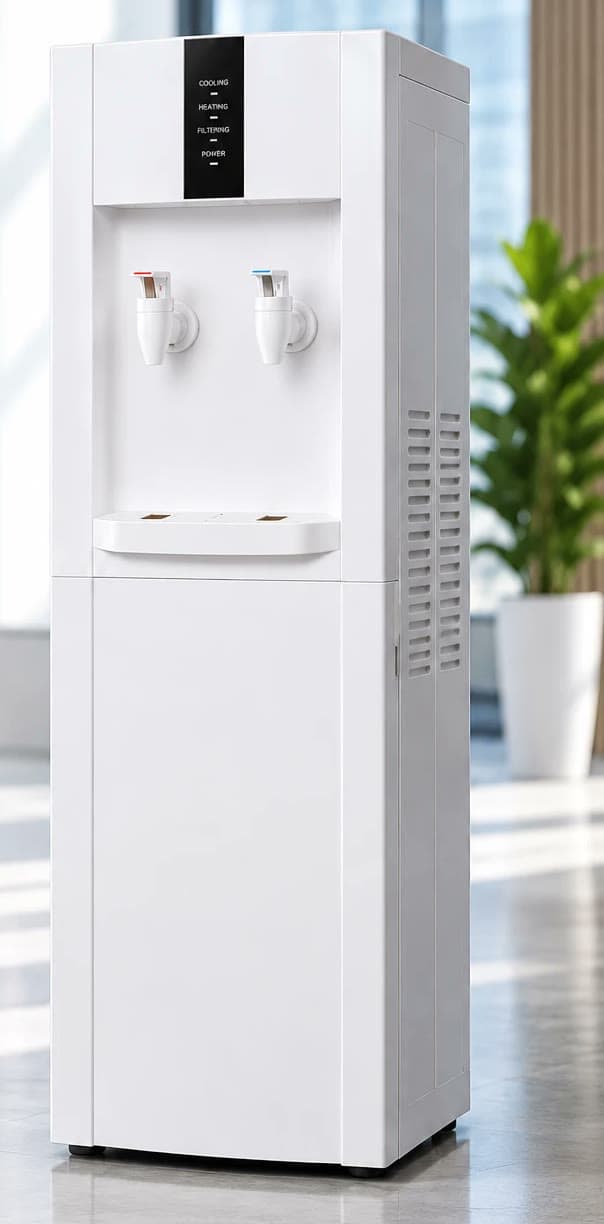 Dispenser Executive de pie, blanco, con panel negro de indicadores y dos canillas blancas de agua caliente y fría, en una oficina luminosa