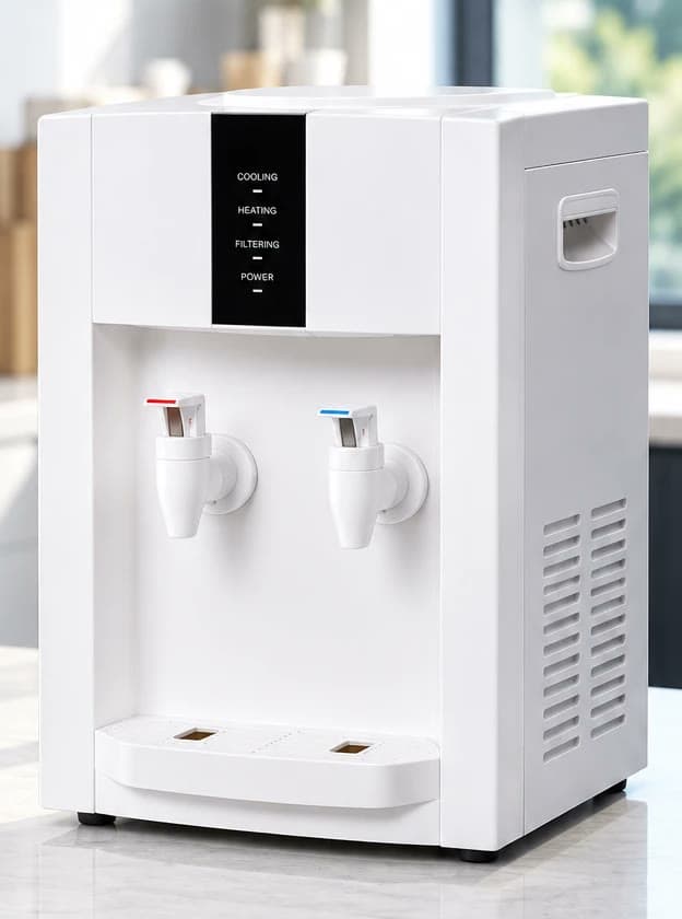 Dispenser Executive sobre mesada, blanco y compacto, con panel negro de indicadores y dos canillas blancas de agua caliente y fría