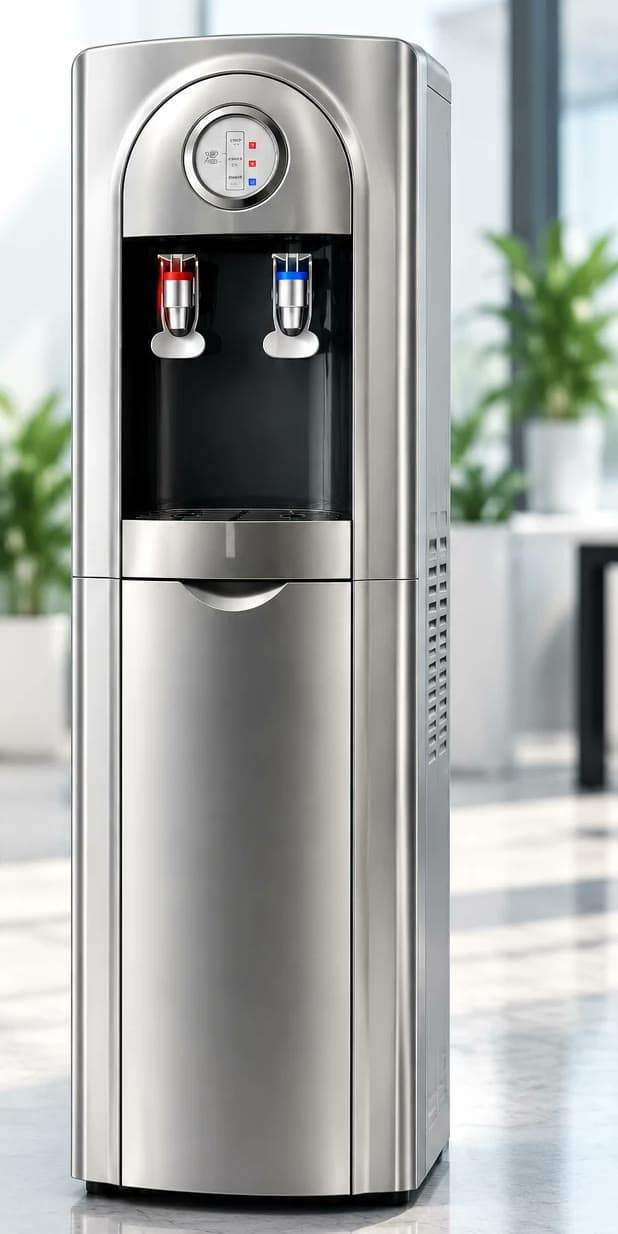 Dispenser Premium Torre de pie en acero inoxidable, con visor circular y dos canillas metálicas, en una oficina con plantas