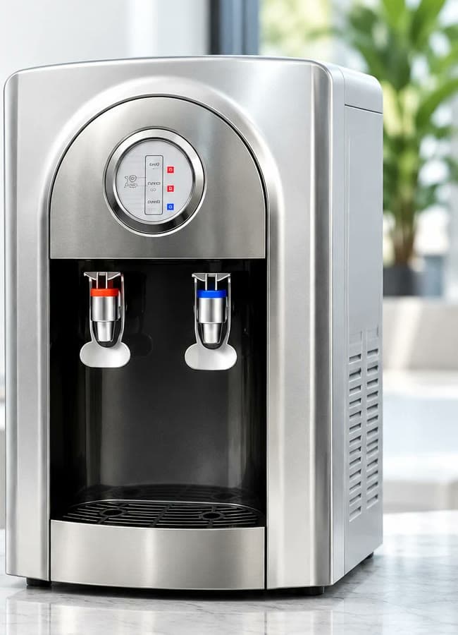 Dispenser Premium de mesada en acero inoxidable, con visor circular y dos canillas metálicas de agua caliente y fría
