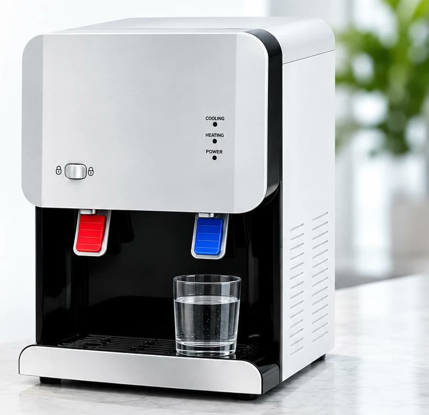 Dispenser Silver Mini de mesada, gris plata, con canilla roja de agua caliente, canilla azul de agua fría y un vaso de agua servido