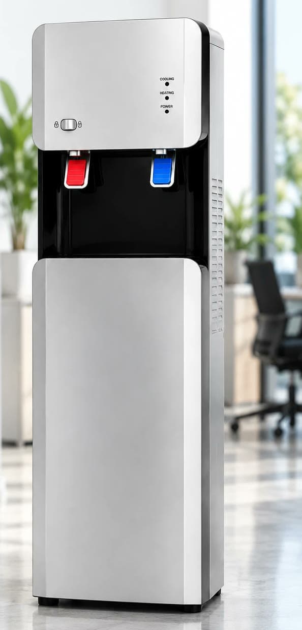 Dispenser Silver Torre de pie, gris plata, con canilla roja de agua caliente y canilla azul de agua fría, en una oficina luminosa